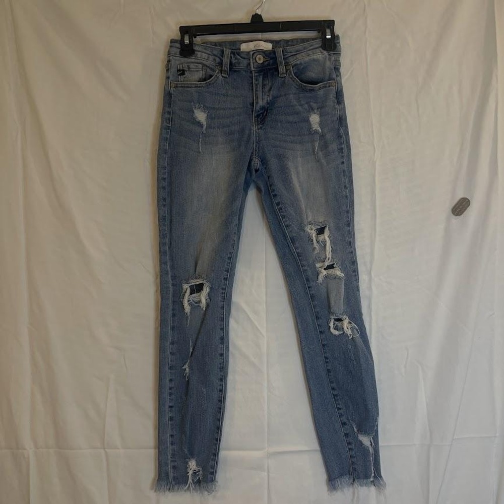 KanCan Jeans Womens 5‎ 26 Blue Distressed Raw Hem Skinny High Rise Stretch Denim
